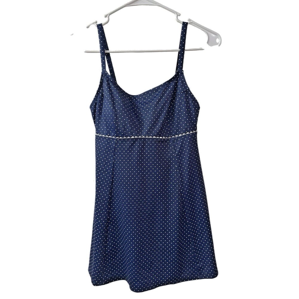 L.L Bean Blue Polka Dot Empire Waist Swim Dress 10 Black Retro Modest Suit NWT
